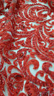 125cm Red Embroidered Beaded Lace Fabric , Beaded Bridal Lace By The Yard