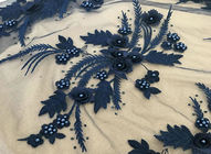 Navy Blue 3D Flower Lace Fabric with Pearl Beaded Applique for Ladies Dress