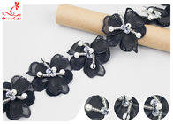 Black 3D Flower Embroidered Lace Trim With Beaded Azo Free Dyeing Pass OEKO TEX