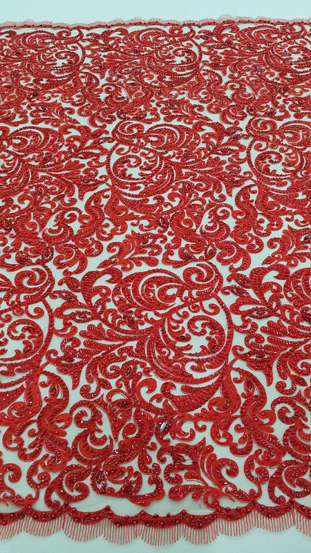 125cm Red Embroidered Beaded Lace Fabric , Beaded Bridal Lace By The Yard