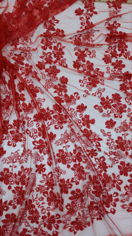 French Chantilly Floral Red Beaded Lace Fabric , Hand Beaded Mesh Fabric For Wedding Dress