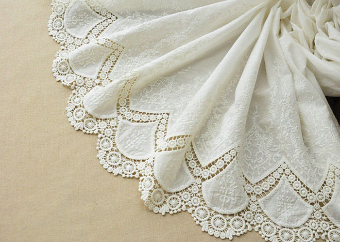 Customized Embroidery Cotton Lace Fabric By The Yard For Dress Cloth Off White Color