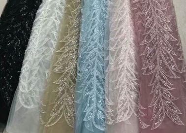 Blue Shiny Embroidered Leaf Lace Fabric With Beads And Sequins 120CM Width