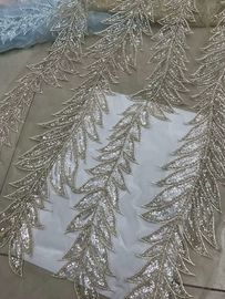 Blue Shiny Embroidered Leaf Lace Fabric With Beads And Sequins 120CM Width
