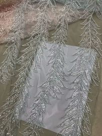 Blue Shiny Embroidered Leaf Lace Fabric With Beads And Sequins 120CM Width