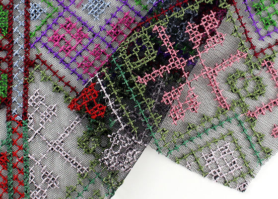 Multi Colored Cross - Stitched Embroidery Lace Fabric