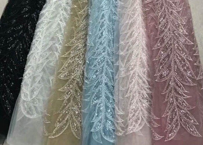 Blue Shiny Embroidered Leaf Lace Fabric With Beads And Sequins 120CM Width