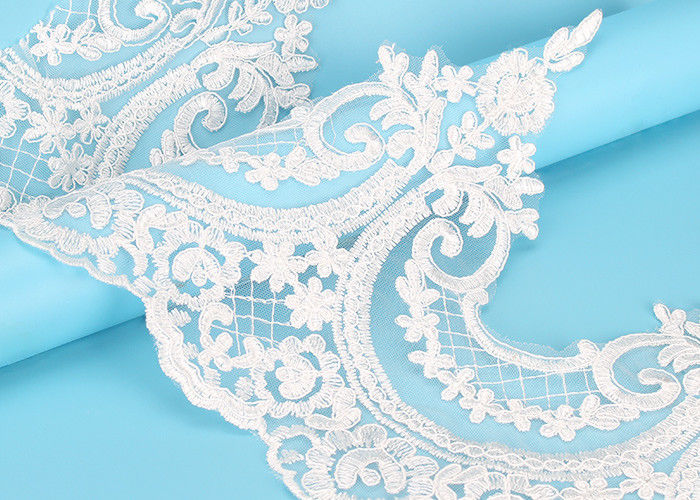 Custom Floral Applique Embroidered Lace Trim Polyester On Nylon Mesh